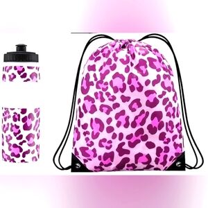 - Pink Leopard Print Drawstring Bags and Water Bottle Set